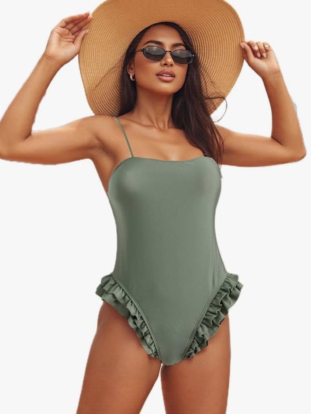 Women’s Olive Green Ruffle Trim One-Piece Swimsuit